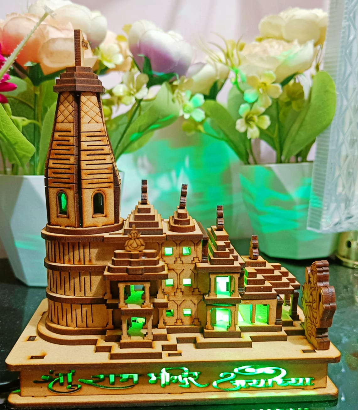 Roohsha : MDF Shree Ram Janmbhumi Mandir With 7 Multicolour Lighting (16x14.5x8.5cm)