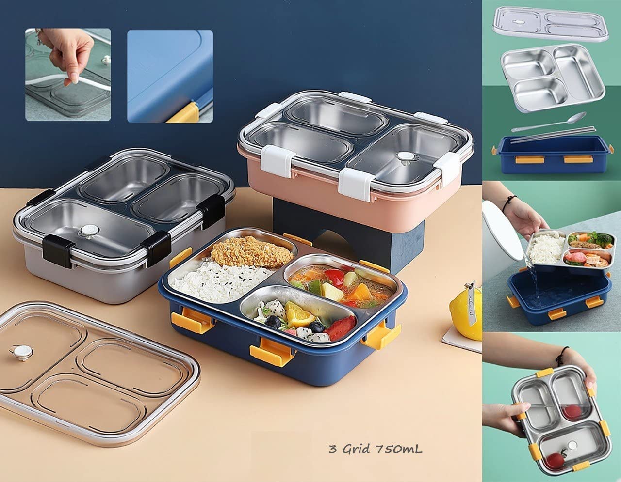 Roohsha: Stainless Steel Lunch Box With 3 Compartments with Spoon & Chopsticks
