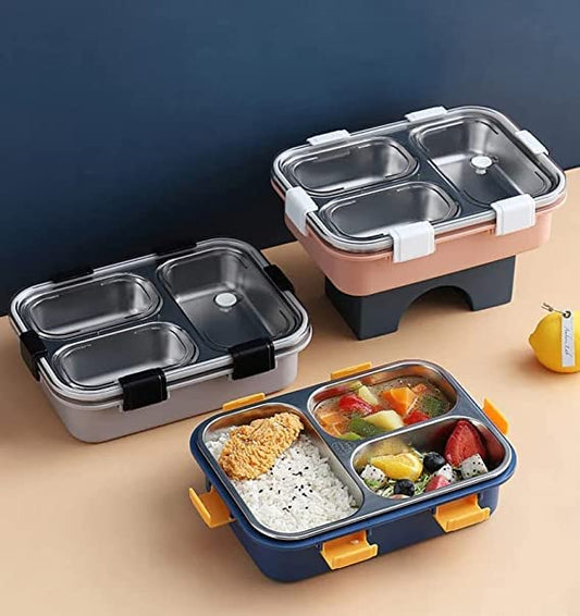 Roohsha: Stainless Steel Lunch Box With 3 Compartments with Spoon & Chopsticks